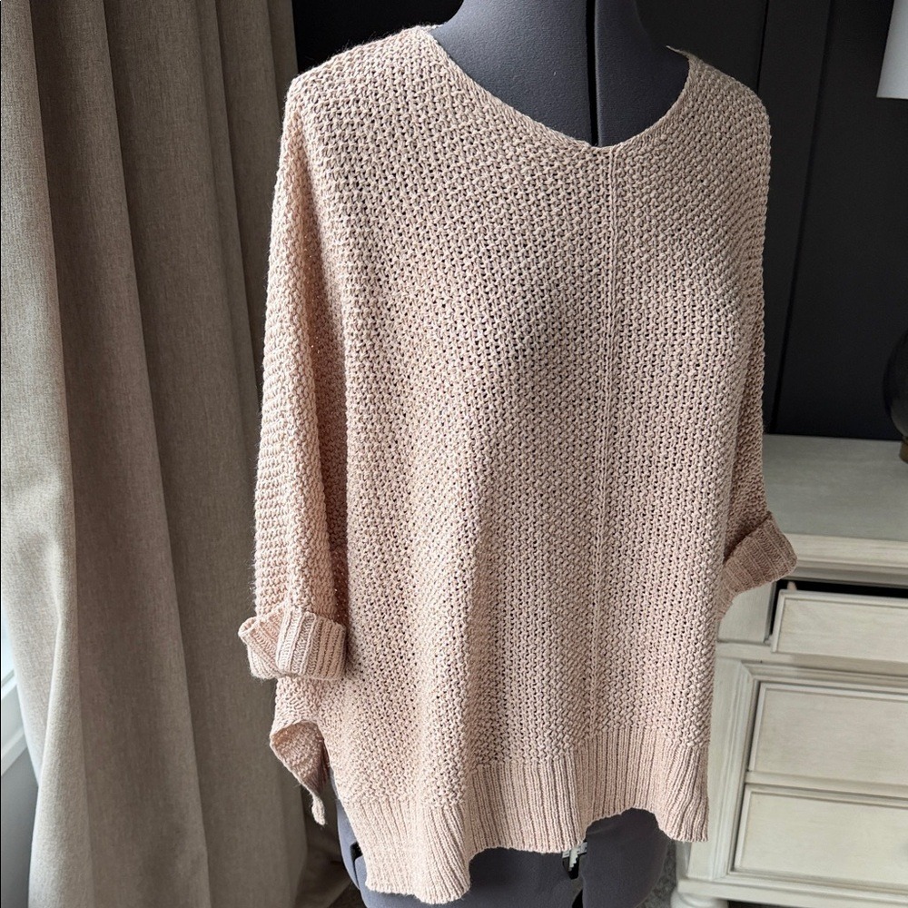 Easel Los Angeles Womens Tan Knit V Neck Oversized Pullover Sweater Top S - Picture 4 of 9